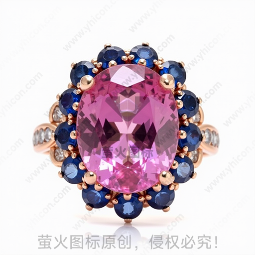 一枚粉红色宝石镶嵌金戒指，辅以蓝宝石