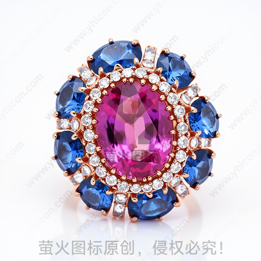 粉红色宝石镶嵌金色戒指，周围环绕蓝宝石和白钻