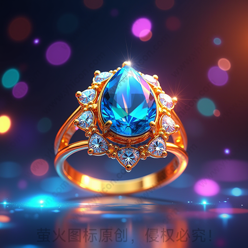 华丽的金色戒指，镶有蓝色大宝石和小钻石