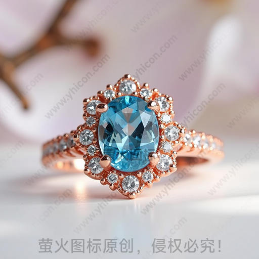 粉金色戒指，镶嵌大蓝宝石和小钻石
