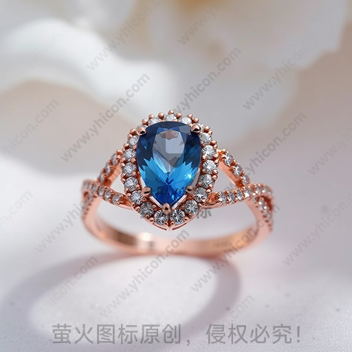 蓝色宝石镶嵌的玫瑰金戒指，光影柔和