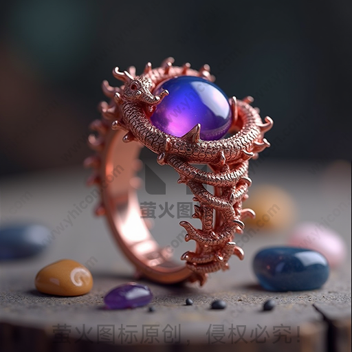 精致龙形紫宝石戒指，周围散落彩石