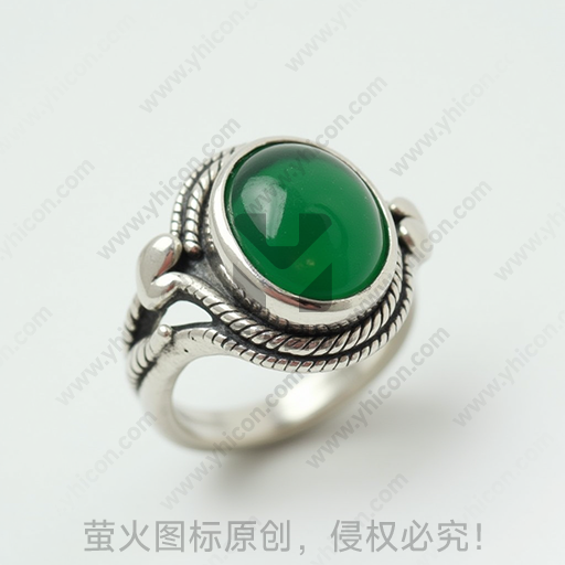 银色金属戒指，镶嵌绿色宝石