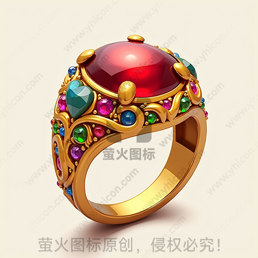 黄金戒指，镶嵌红宝石和多彩宝石