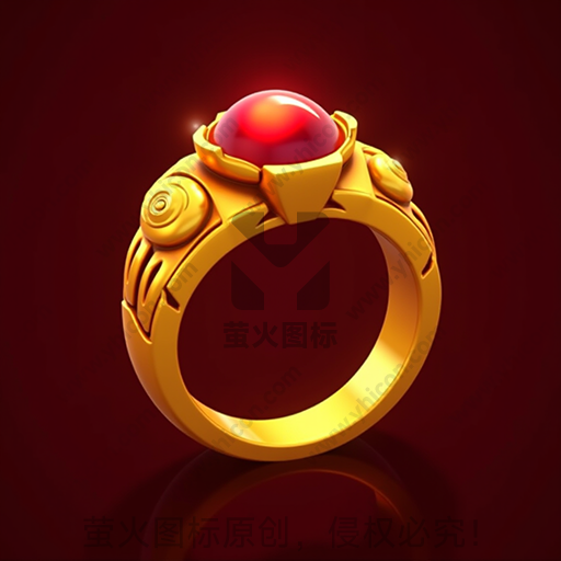 黄金戒指，镶有红色宝石，背景是暗红色