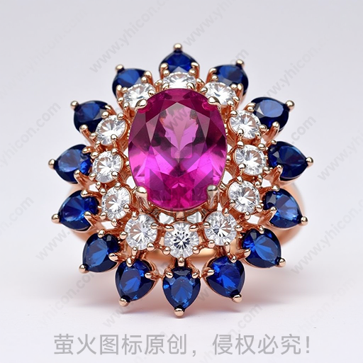 精美的金色戒指镶嵌粉红色宝石与蓝宝石
