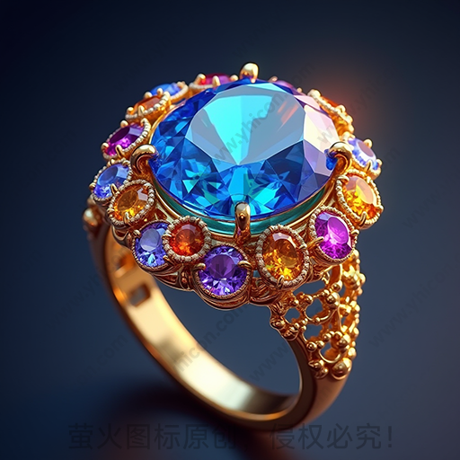 金色戒指，镶有蓝色和多色宝石