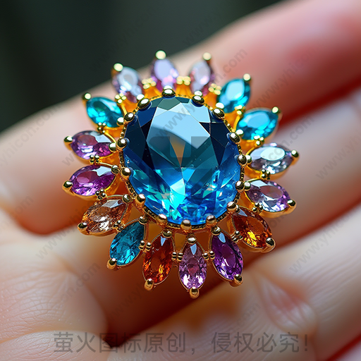 蓝色宝石镶嵌的彩色花形胸针
