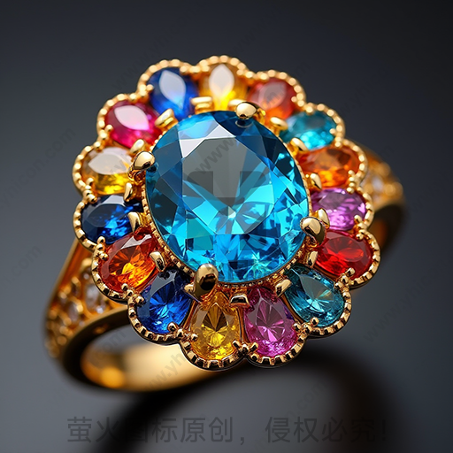 多彩宝石镶嵌的华丽金戒指