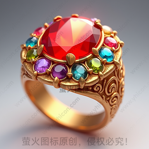 金色戒指，镶嵌红色主宝石及多色宝石