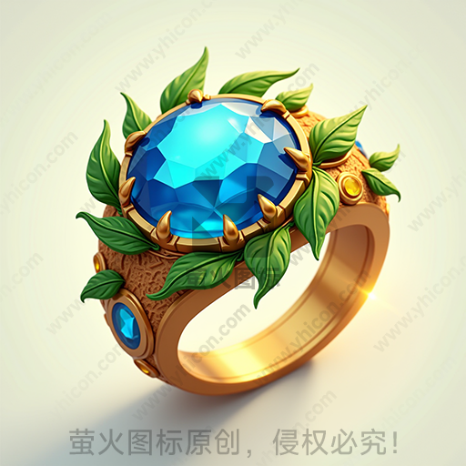 金色戒指镶嵌着一个蓝宝石，环绕绿叶