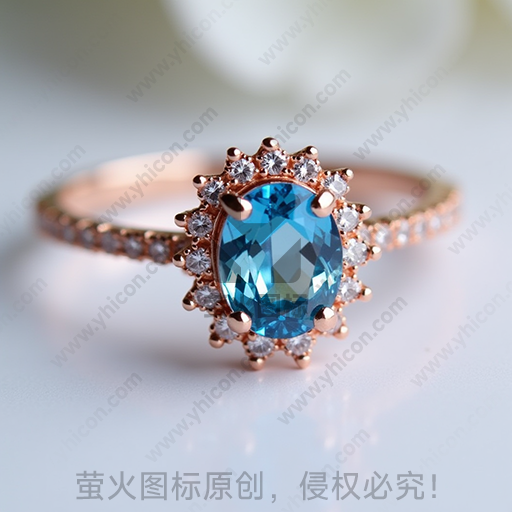 一枚精致的蓝宝石戒指，椭圆形主石，粉金色戒托