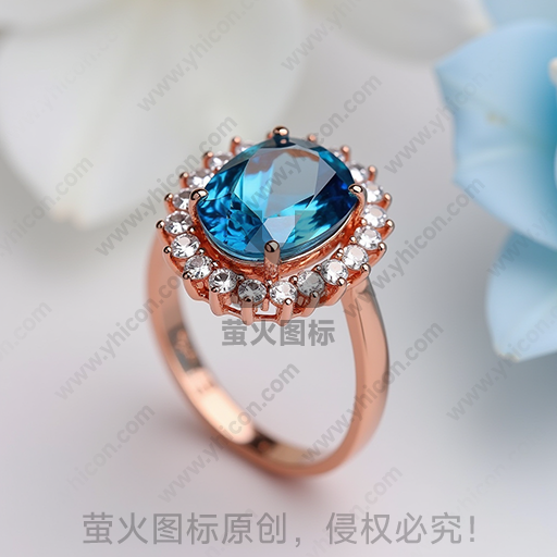 蓝宝石镶嵌金属戒指，背景有蓝色花朵