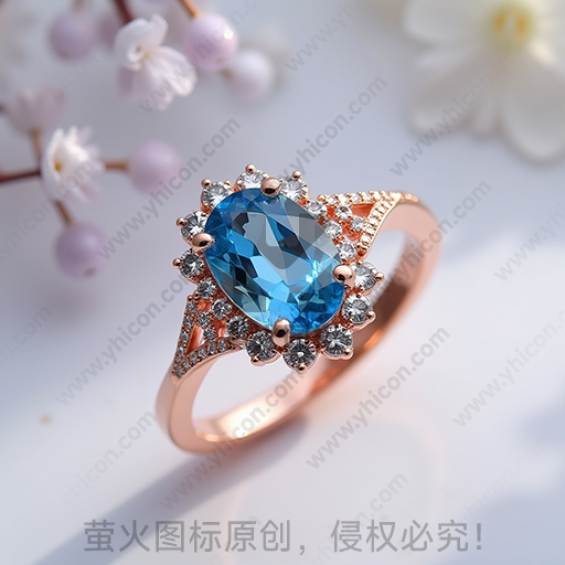蓝宝石镶嵌的金色戒指，背景有花朵