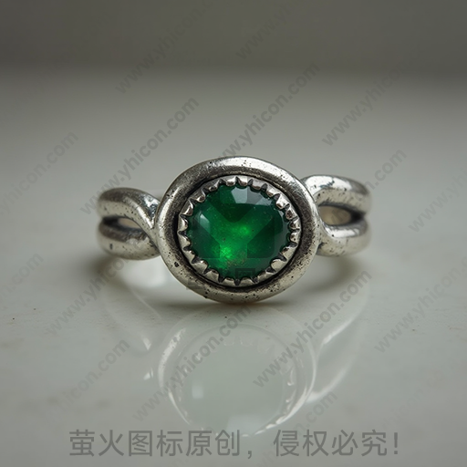 绿宝石镶嵌银质戒指，光滑反光表面