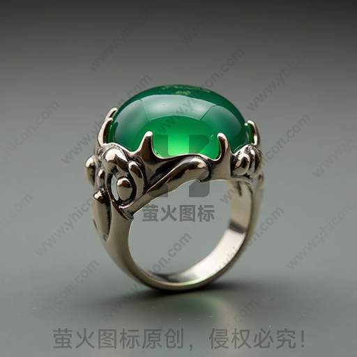一枚银质戒指，镶嵌有绿色宝石