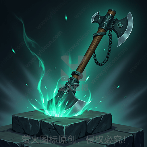 神秘的斧头在石台上发出绿光