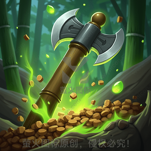 森林中插地的双刃斧，旁散落金币