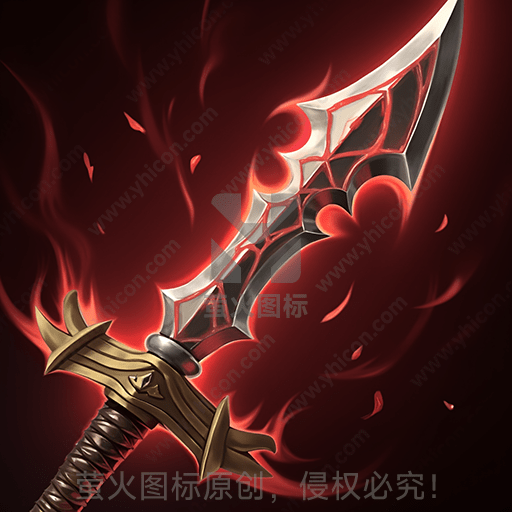 握把处金色，银色弯刃，火焰环绕
