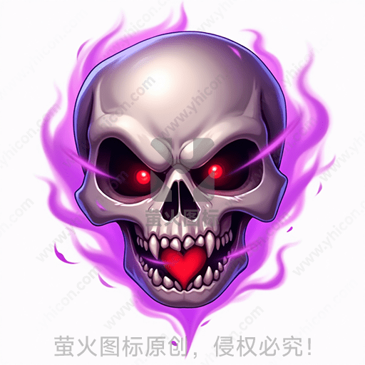 骷髅头环绕紫色火焰，眼睛发红光