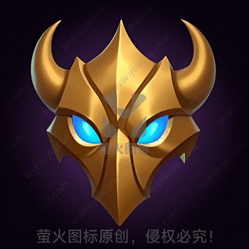 一张金色带角兽面具的图片，眼睛呈蓝色