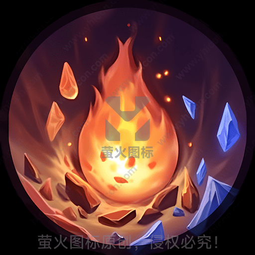 圆框内火焰周围环绕着多彩晶石
