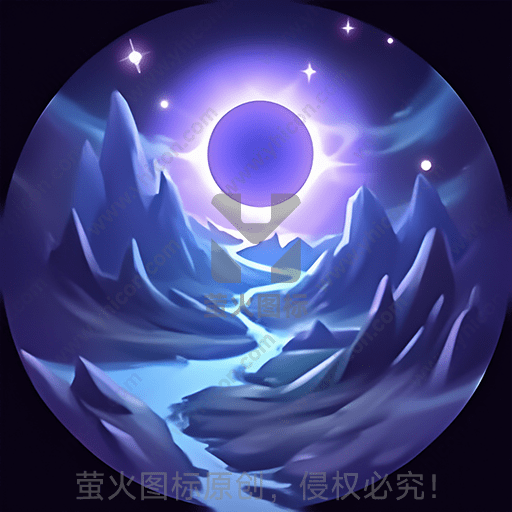 描述: 紫色调的山峰与满月，星光点缀