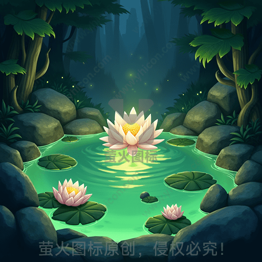 夜幕下荷花池塘，石头环绕，光点闪烁
