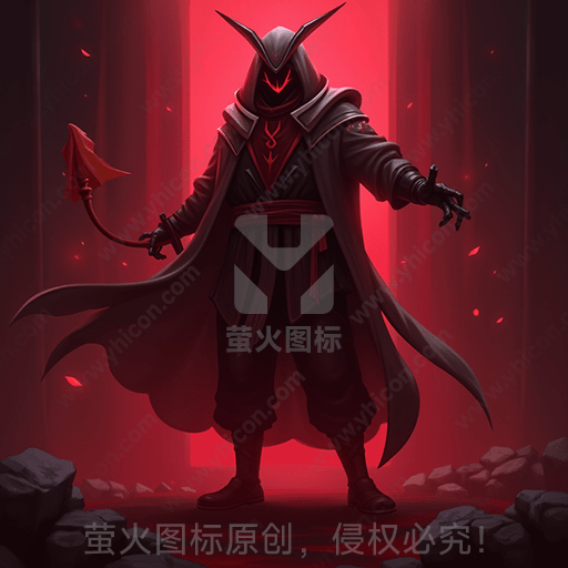 红色背景下，戴头盔的黑色斗篷人物持戟
