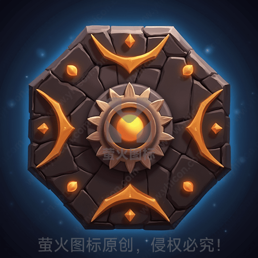 黑色八边形盾牌，中间带橙黄色太阳图案