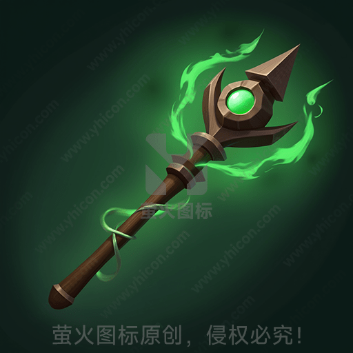 绿色光环缠绕的神秘法杖，带有绿宝石