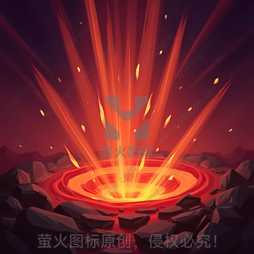 火山口喷发，岩石环绕，红橙火光