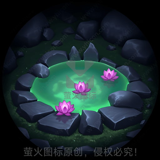 夜晚，石头环绕的神秘绿色水池中漂浮三朵粉红色荷花