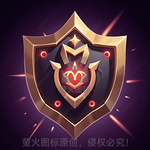 紫色背景下的金边黑色盾牌，中心有红色火焰标志