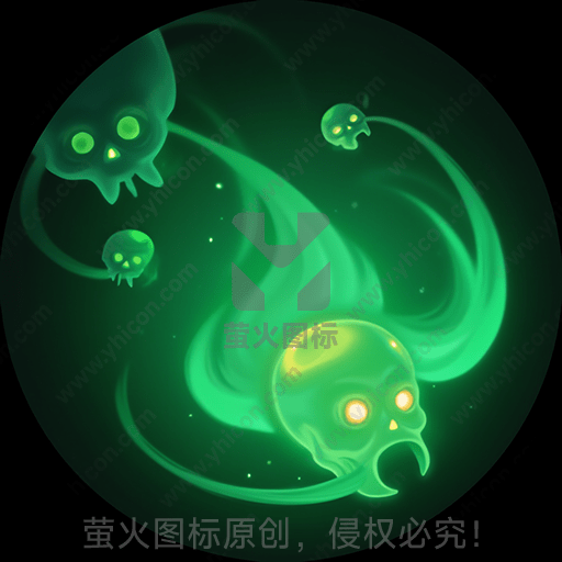 绿色荧光的四个飘浮幽灵头骨