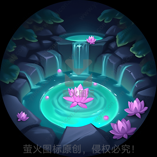 夜晚的神秘池塘，粉色荷花，瀑布流水