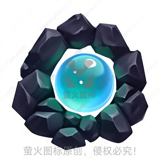 蓝绿色水晶球被黑色岩石环绕