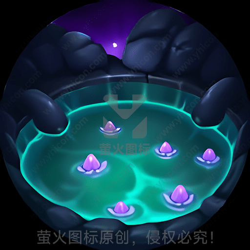 紫色岩石围绕发光蓝绿池塘，内有灯笼