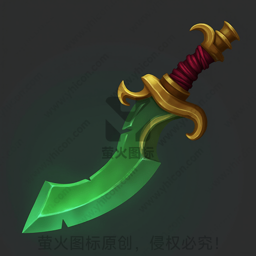 绿色弯刃，金色护手，红色绑带