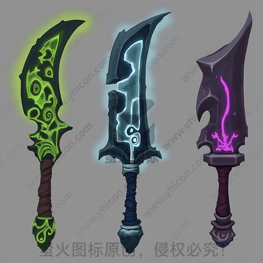 三把不同款式的魔法剑，发光图案